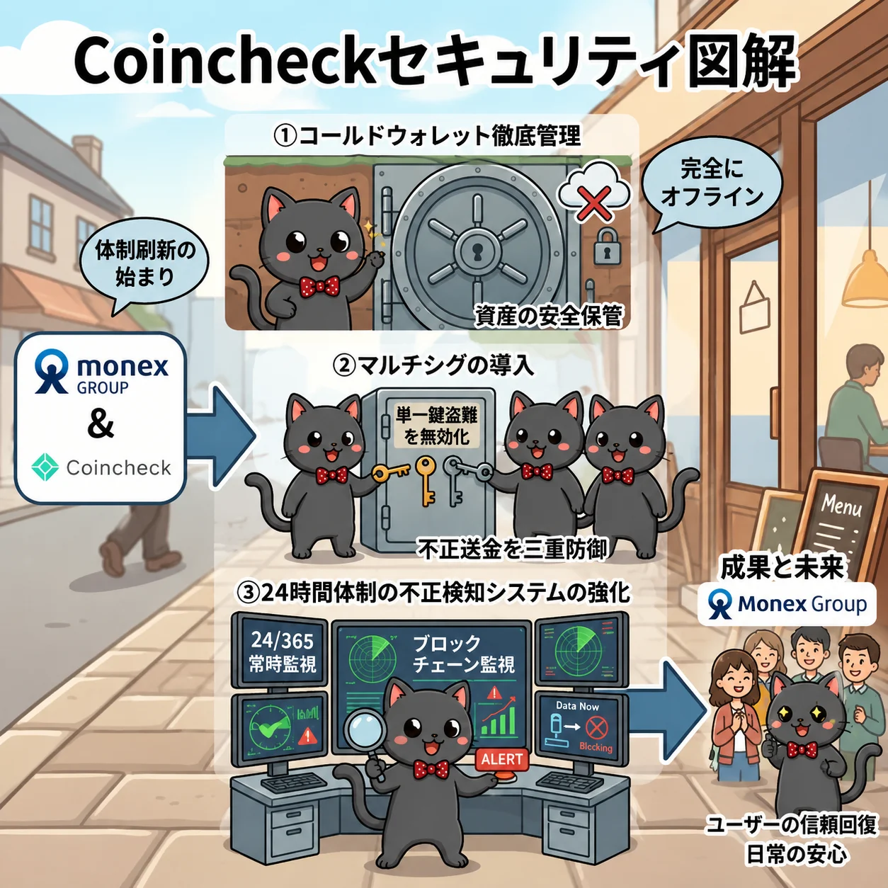 コインチェック セキュリティ刷新図解：コールドウォレット管理・マルチシグ導入・24時間365日監視体制