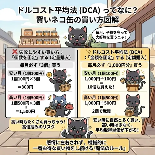 ドルコスト平均法（DCA）の図解：ネコ缶で学ぶ賢い買い方。個数固定vs金額固定の比較