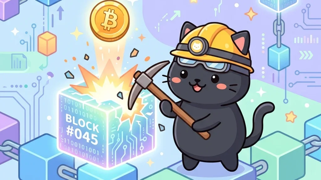 マイニングの仕組み図解。もふねこがブロックを採掘してビットコインを得ている様子