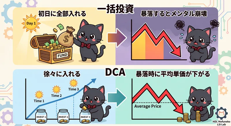一括投資とドルコスト平均法（DCA）のメンタルの違い：一括投資は暴落でパニックになるが、DCAは冷静に対処できる