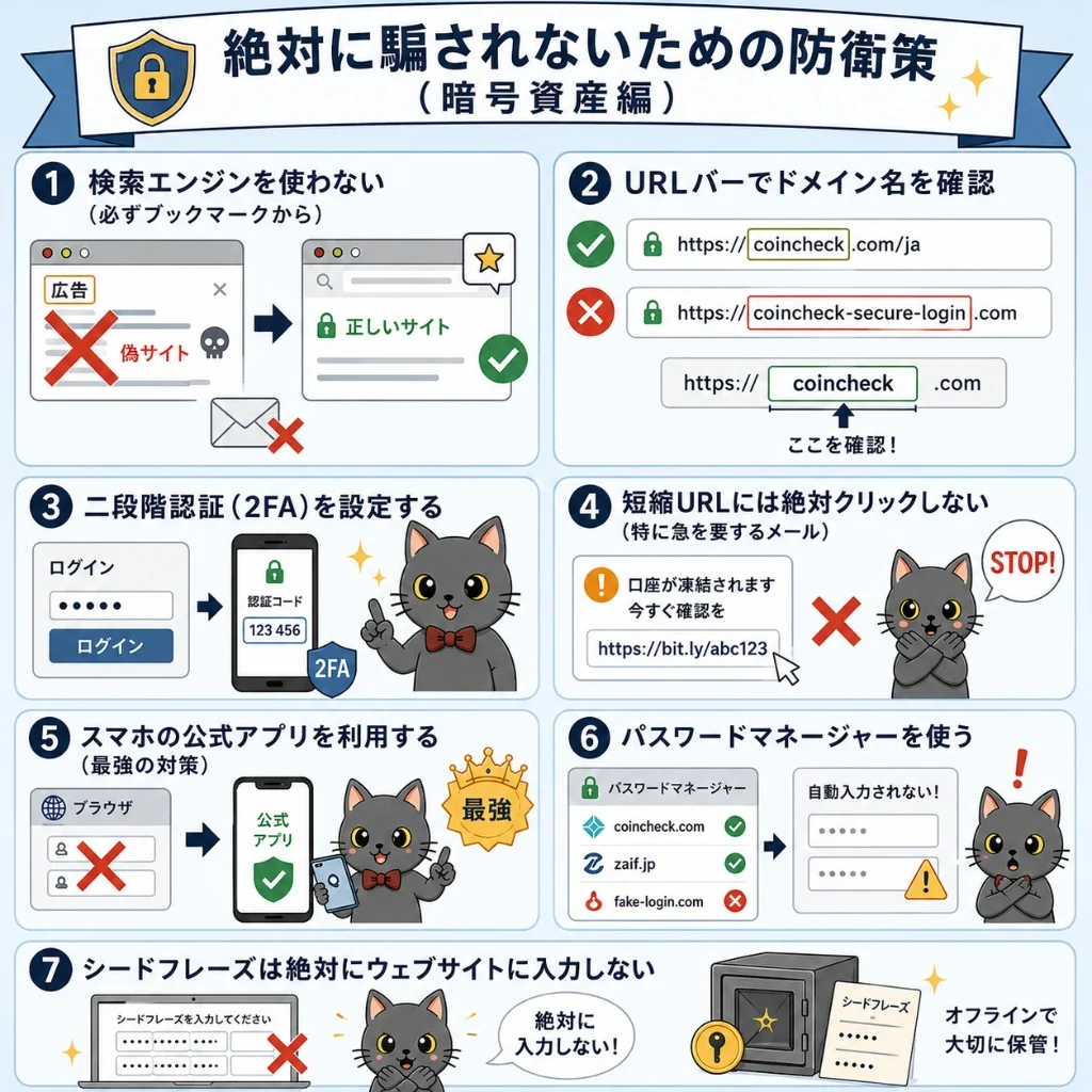 絶対に騙されないための7つの習慣：検索エンジンを使わない、ドメイン名確認、2FA設定、短縮URLクリックしない、公式アプリ利用、パスワードマネージャー利用、シードフレーズ入力しない