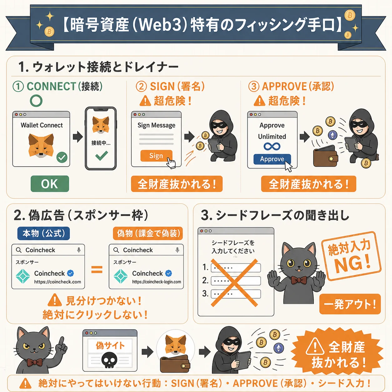 暗号資産（Web3）特有のフィッシング手口：Wallet Connectとドレイナー、偽広告、青バッジ詐欺、シードフレーズの聞き出し