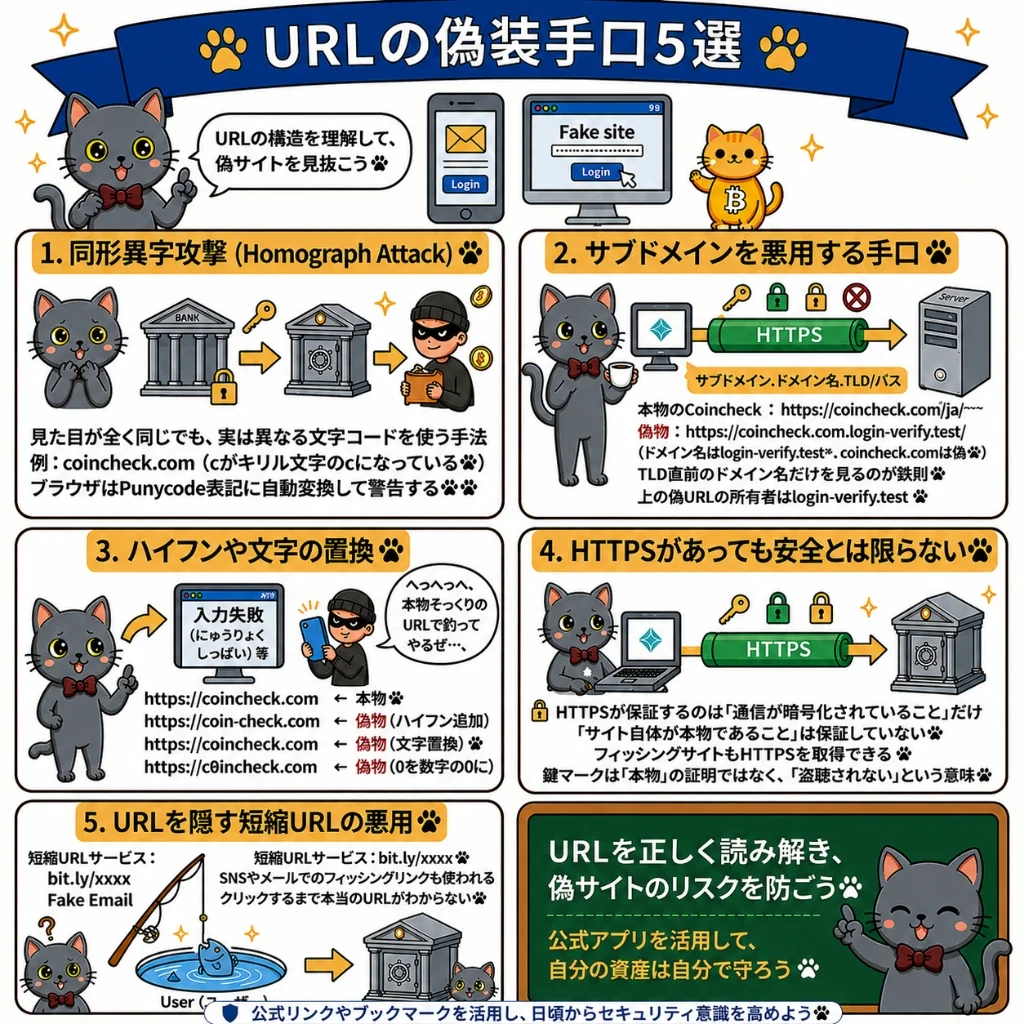 URLの偽装手口5選：同形異字攻撃、サブドメイン悪用、文字置換、HTTPS過信、短縮URL